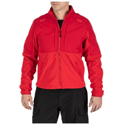 Red jacket worn by a person on a white background