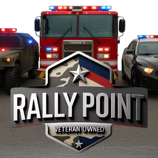 Three emergency vehicles with a 'Rally Point' logo featuring a star design.